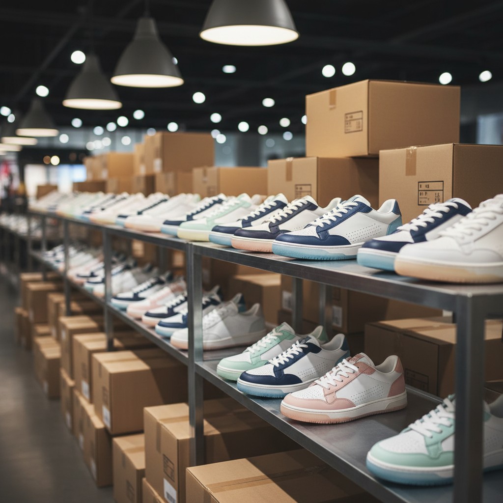 A row of sneakers and cardboard boxes in a warehouse setting.