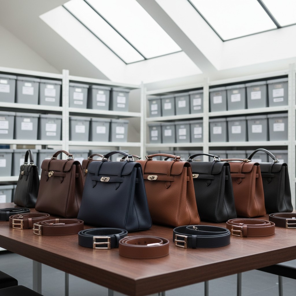 A collection of leather handbags and belts on a brown wooden table, with gray storage boxes visible in a room with white w...