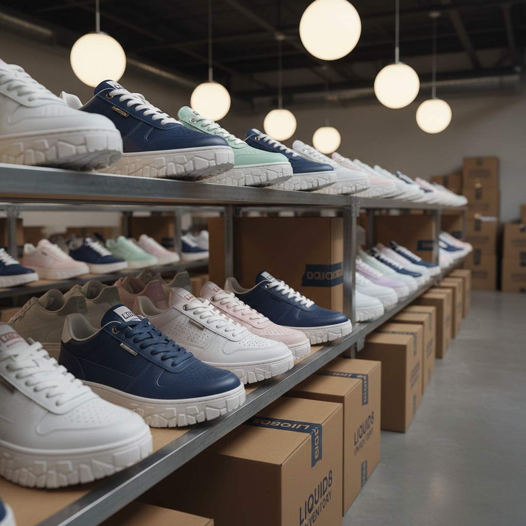 A warehouse filled with shelves of athletic shoes and stackable boxes, featuring various colors and sizes, under a row of ...