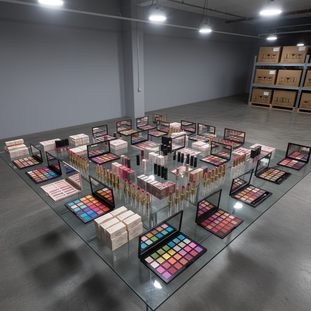 A collection of makeup products, including palettes, lipsticks, and compacts, showcased on a glass table in a warehoouse s...