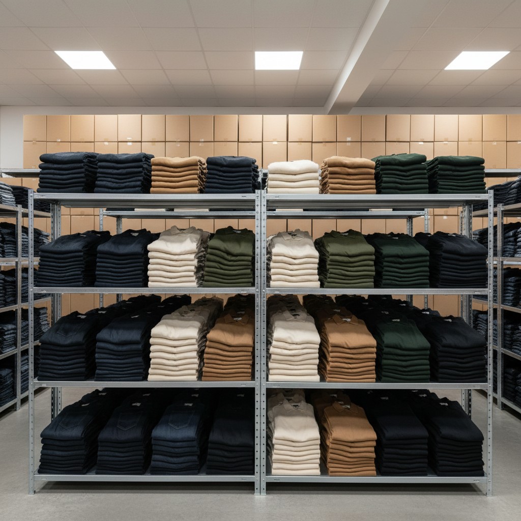 Stacked sweatpants in a store, neatly folded and organized on racks.