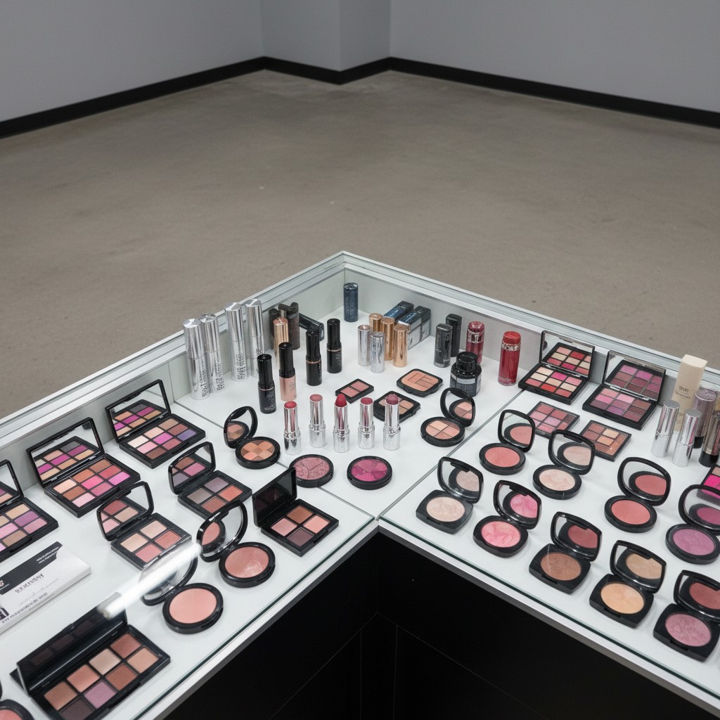 These elegant makeup products grace countertops and display cases in an unfurnished retail space, predominantly consisting...